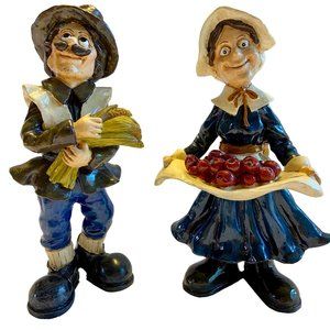Hand Painted Vintage Thanksgiving Harvest Cast Resin Pilgrim Figurine 2pcSet 8”